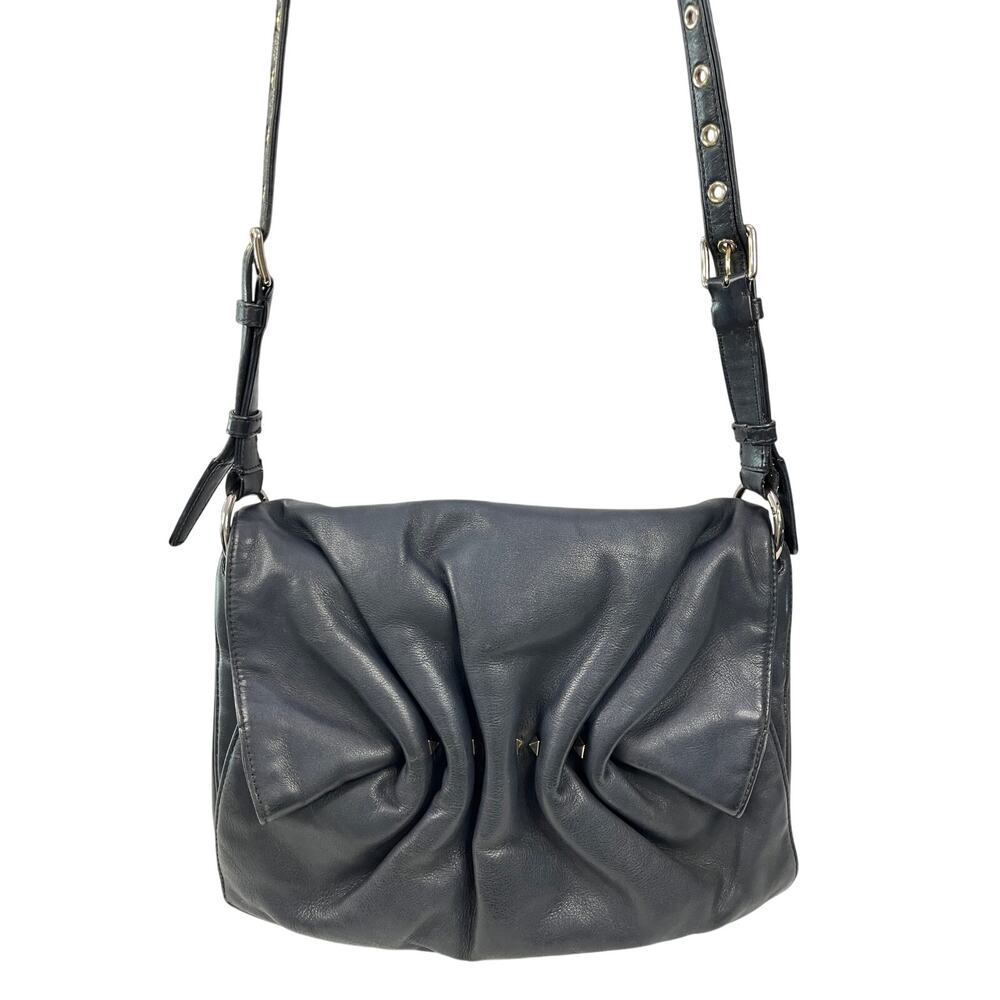 Valentino Garavani Black Gray Gathered Leather Studded Crossbody Soft Luxury